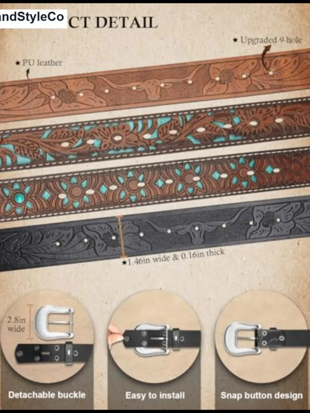 Western Belt Faux Leather Rhinestone Carved Buckle Women Men Cowgirl